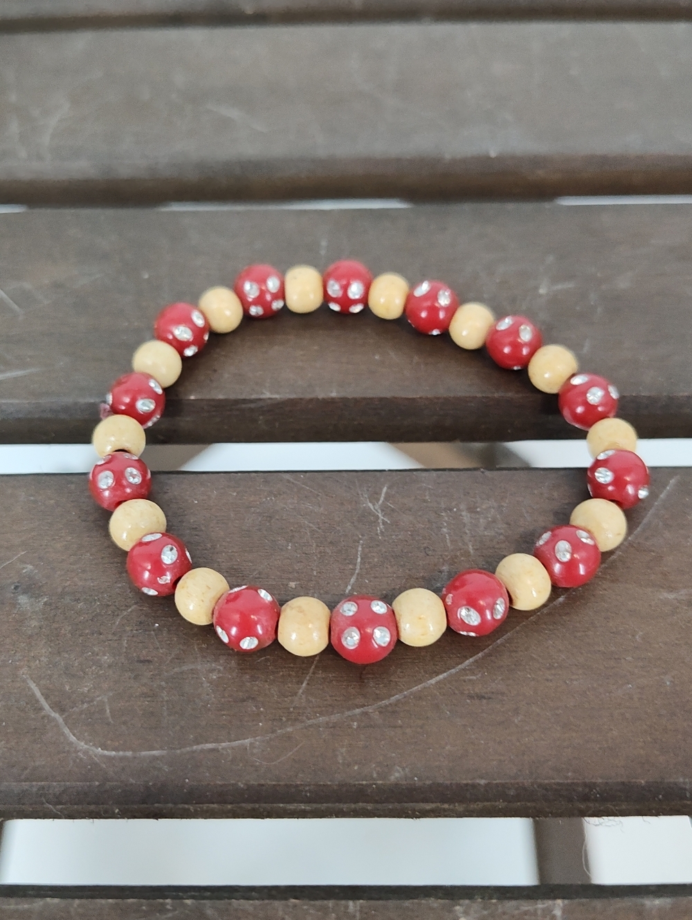 Red and Natural Wood Bead Rhinestone Stretch Bracelet